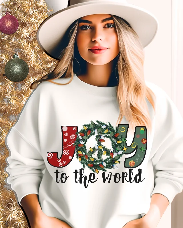 Joy To the World Women's Crewneck Sweatshirt Peace Sign Wreath with Doodle Letters Classic Hoodie Sweatshirt