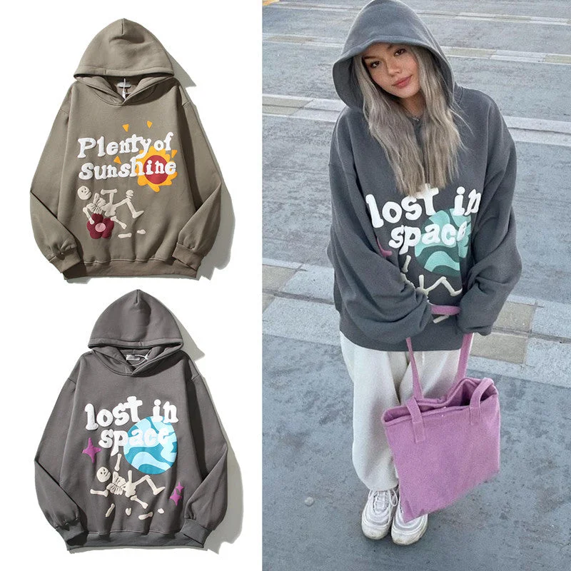 Skull Halloween Print Hoodie Graffiti Foam Letter Printed Hooded Sweater Coat Long Sleeve Sweatshirt Women’s Hoodie Sweater