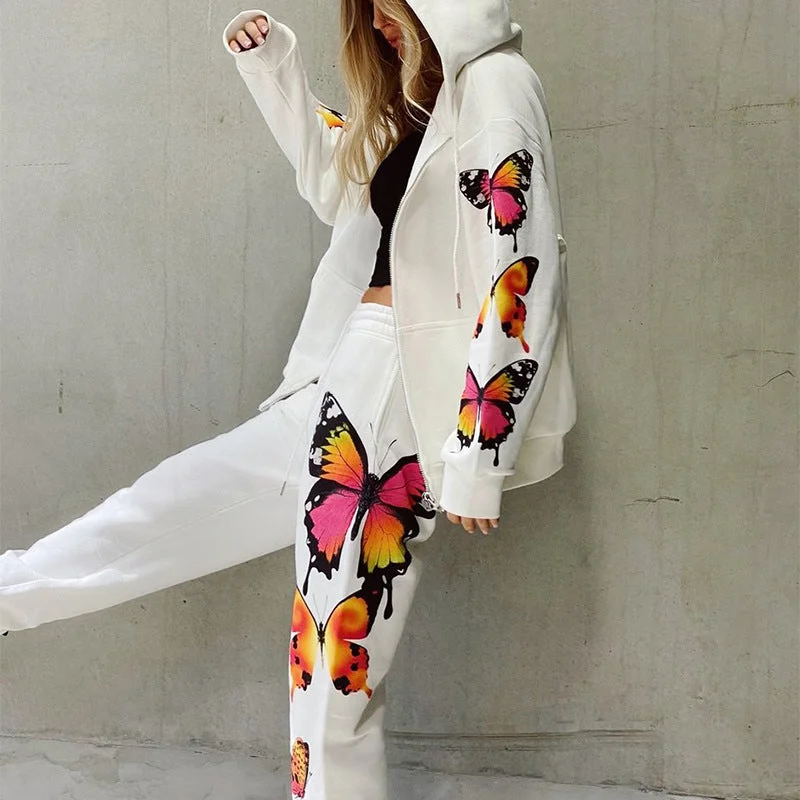 Butterfly Print Hooded Casual Sweatshirt Set For Women CD604 Modern Hoodie Sweatshirt