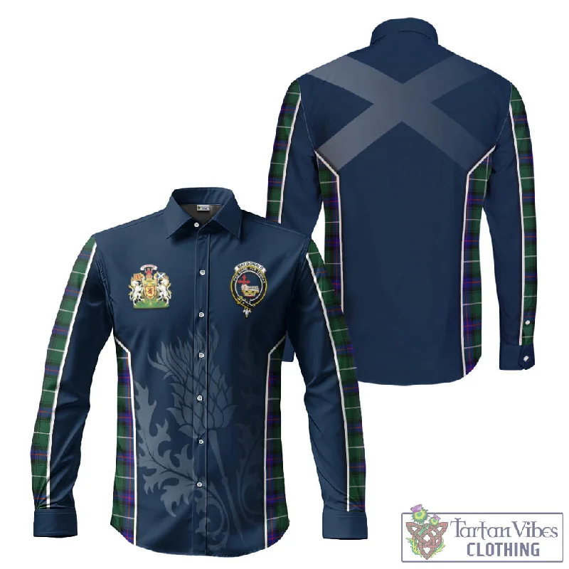 MacDonald of the Isles Hunting Modern Tartan Long Sleeve Button Up Shirt with Family Crest and Scottish Thistle Vibes Sport Style MacDonald of the Isles Hunting Modern Tartan Long Sleeve Button Up Shirt with Family Crest and Scottish Thistle Vibes Sport Style