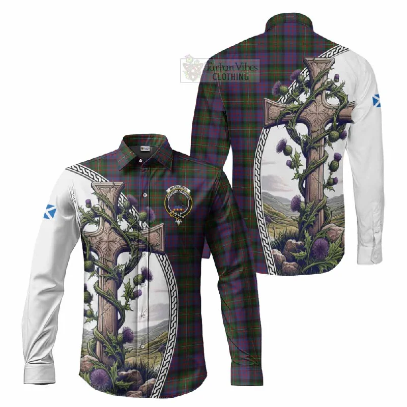 MacDonell (McDonell) Tartan Long Sleeve Button Shirt with Family Crest and St. Andrew's Cross Accented by Thistle Vines MacDonell (McDonell) Tartan Long Sleeve Button Shirt with Family Crest and St. Andrew's Cross Accented by Thistle Vines