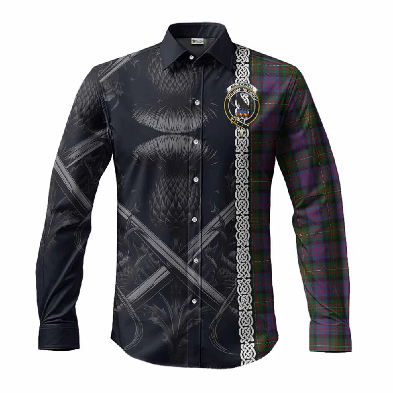 MacDonell (McDonell) Tartan Long Sleeve Button Shirt with Family Crest Cross Sword Thistle Celtic Vibes MacDonell (McDonell) Tartan Long Sleeve Button Shirt with Family Crest Cross Sword Thistle Celtic Vibes