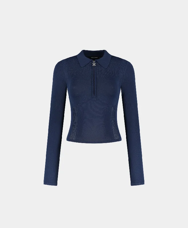 Blue Zip Knit Polo Long sleeve
