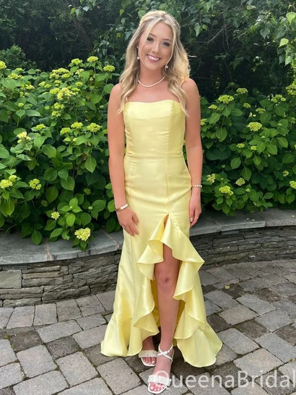 Sexy Strapless Straight Neck Ruffles Front Slit Yellow Mermaid Long Party Dress Long Prom Dresses to Impress ,WGP1450 Sexy Strapless Straight Neck Ruffles Front Slit Yellow Mermaid Long Party Dress Long Prom Dresses to Impress ,WGP1450