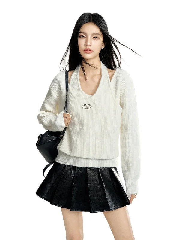 Beige & Blue Asymmetric Cut-out Sweater Breathable sweaters