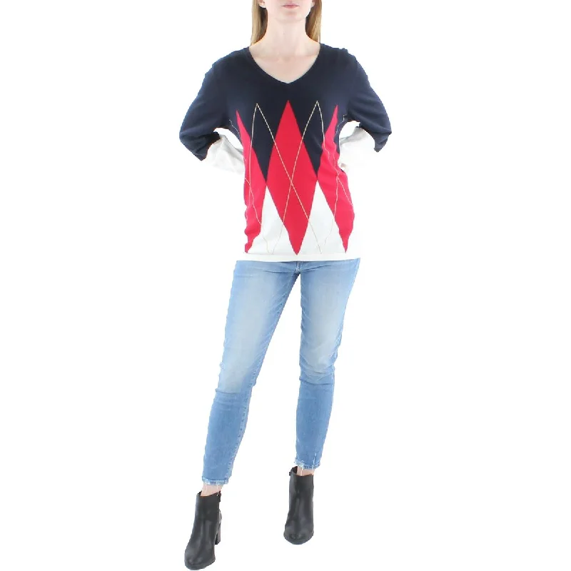 Womens Argyle Colorblocked Pullover Sweater Travel-friendly sweaters