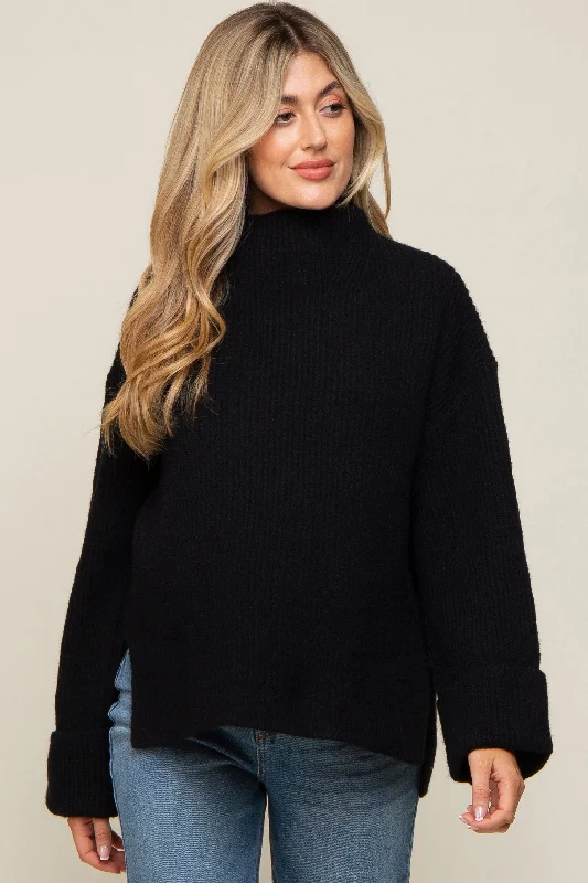 Black Mock Neck Chunky Knit Maternity Sweater Women's fashion sweaters sale