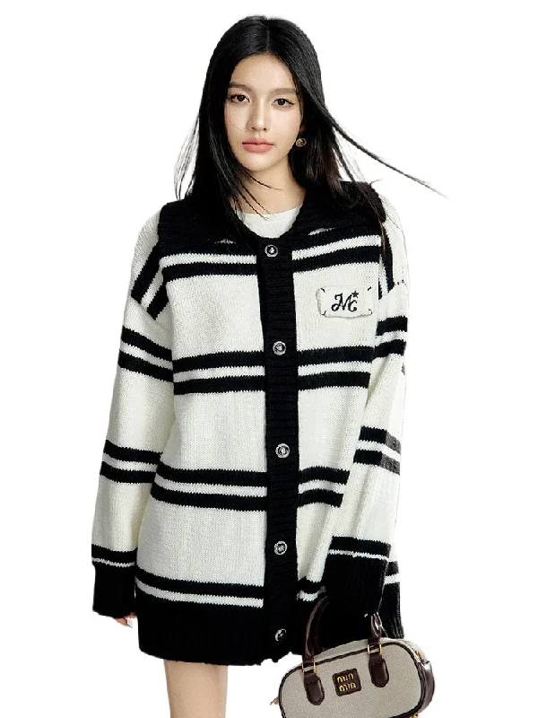 Black & White Striped Oversized Sweater Cardigan Cashmere sweaters