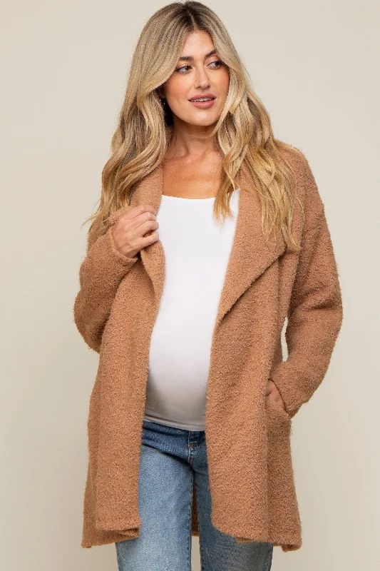 Camel Fuzzy Knit Draped Maternity Cardigan Cropped sweaters