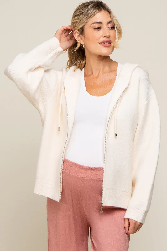 Cream Zip Up Hooded Maternity Cardigan High-end sweaters