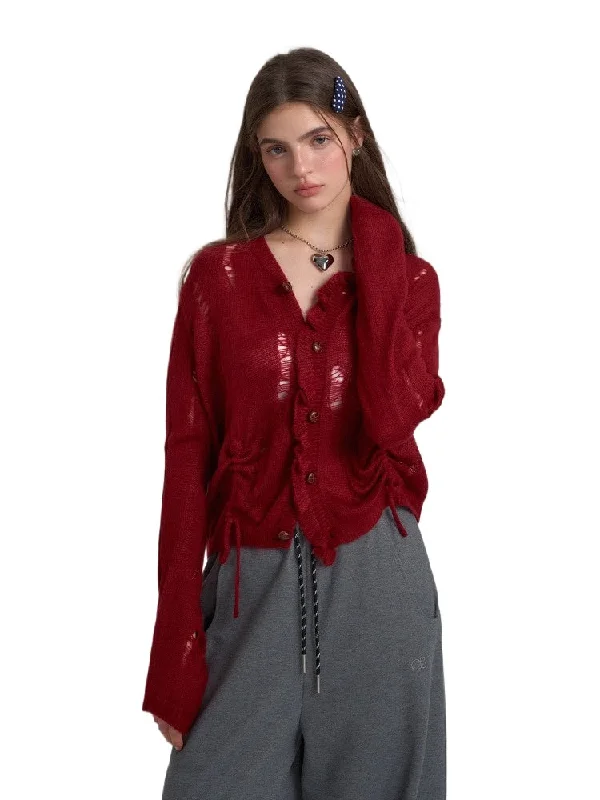 Red Pleated Knit Cardigan Best value sweaters