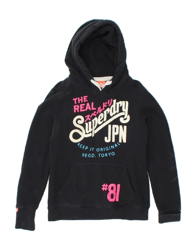 SUPERDRY Womens Graphic Hoodie Jumper UK 14 Medium Black Cotton Weekend sweaters