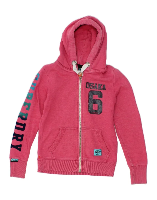 SUPERDRY Womens Graphic Zip Hoodie Sweater UK 6 XS Pink Cotton Patagonia sweaters