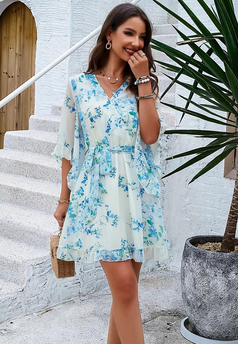 Blue Floral Boho Mini Dress Luxury mini dresses