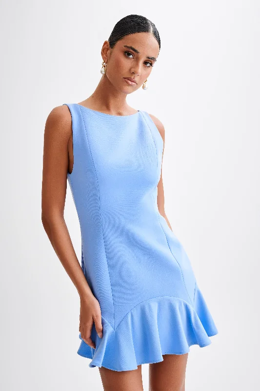 Leonora Sleeveless Suiting Mini Dress With Ruffle - Iris Blue Sexy mini dresses