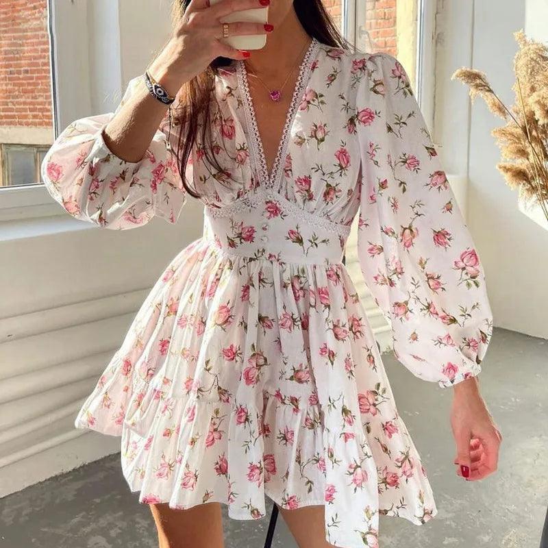 Light Floral Lantern Sleeve V-Neck Mini Dress Best mini dresses for elegant looks