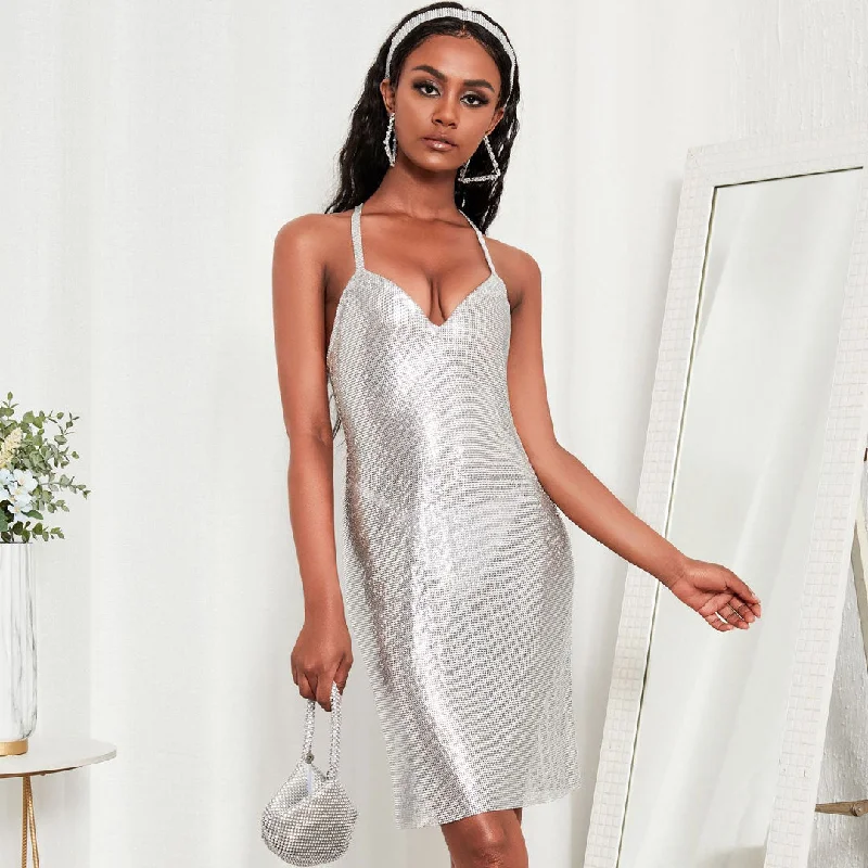 Sparkling Sleeveless Crisscross Open Back Party Mini Dress - Silver Sexy little black mini dresses