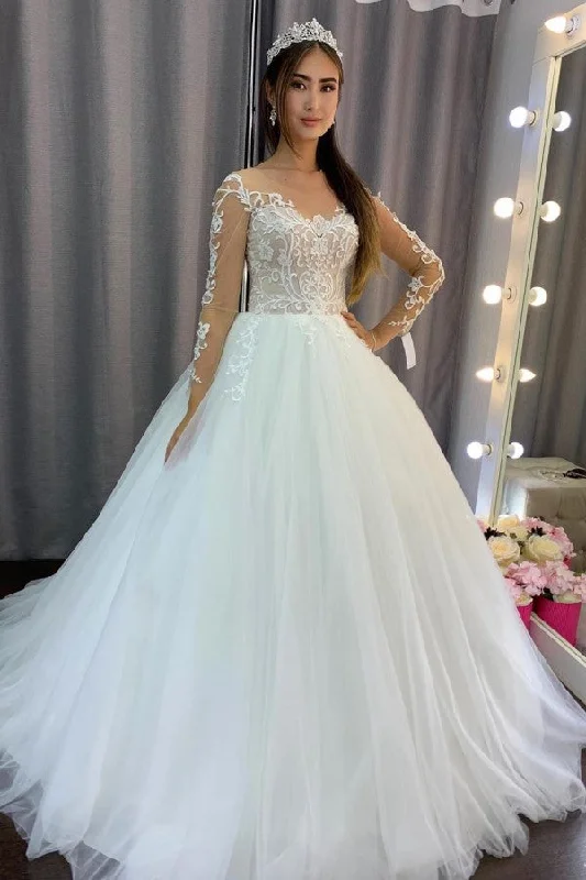 A-Line Tulle Long Sleeves Wedding Dress With Lace Romantic Wedding Dress