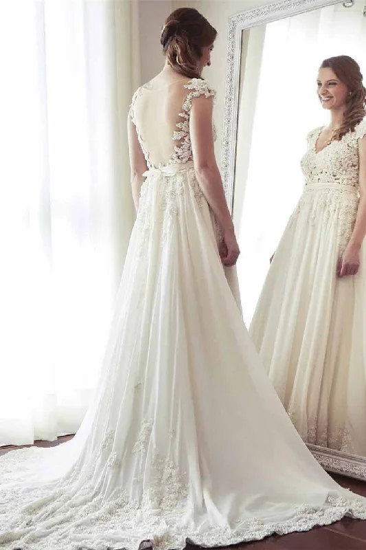 A-Line V-Neck Chiffon with Lace Appliqued Cap Sleeves Ivory Chapel Train Wedding Dresses WK883 Mermaid Style Gown