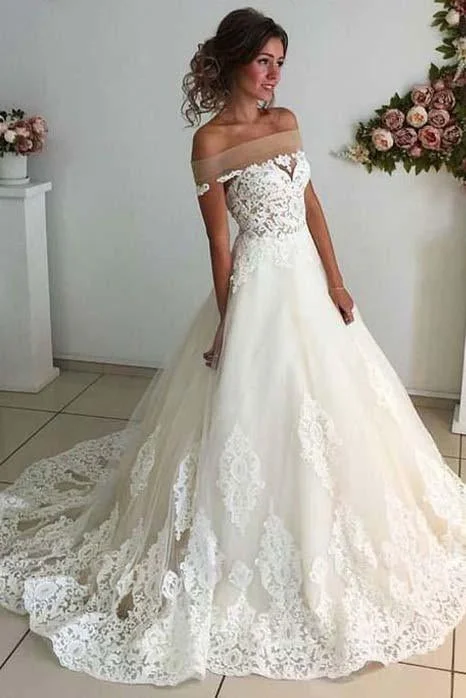 Affordable Lace Unique Off the Shoulder Online Charming Long Tulle Wedding Dress WK279 Elegant Lace Gown