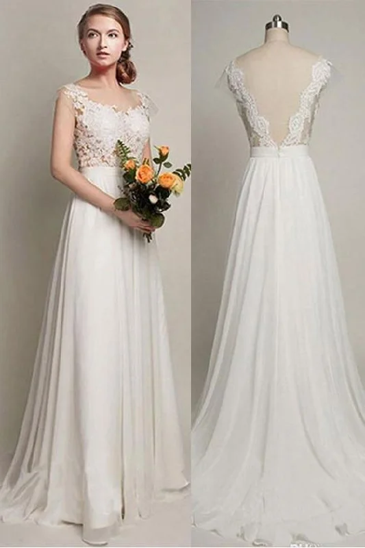 Back V Cap Sleeve Lace Cheap Chiffon High Quality Beach A-line Ivory Wedding Dresses WK227 Satin Wedding Dress