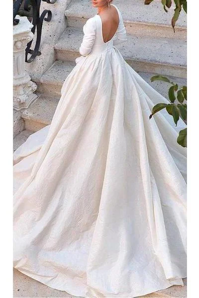 Backless Long Sleeve Ivory Wedding Dresses Modest 3/4 Sleeve Wedding Gowns WK432 Silk Wedding Gown