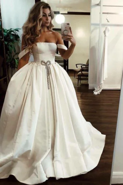 Ball Gown Off the Shoulder Satin Bateau Long Wedding Dresses with Pockets Bridal Dress W1079 Embroidered Wedding Dress