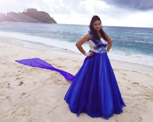 G166, Blue Prewedding Ball Gown, Size (XS-30 toL-38) Illusion Neckline Gown