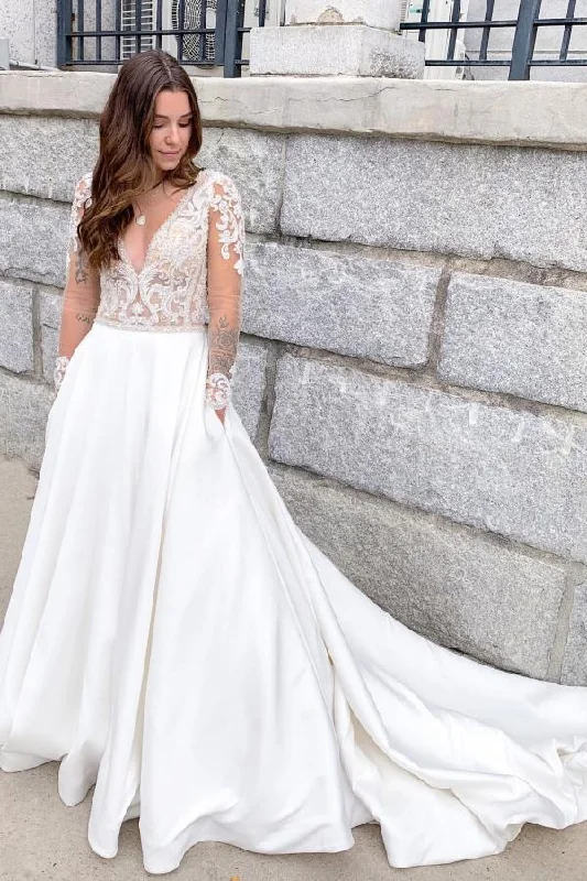 Classy A-Line Satin Deep V-neck Wedding Dress Floor-length With Appliques Lace Open Back Off-shoulder Wedding Gown