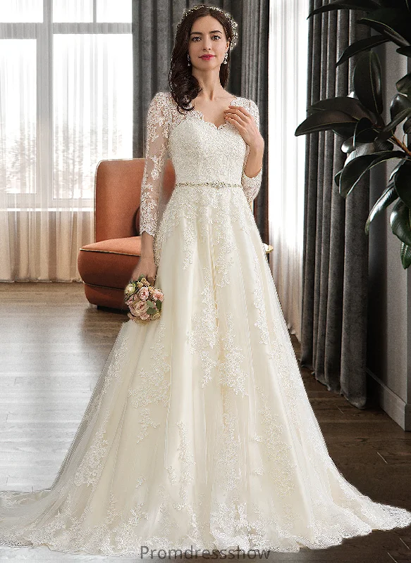 Dayami Ball-Gown/Princess V-neck Chapel Train Tulle Wedding Dress With Beading Sequins STKP0013695 Boho Wedding Gown