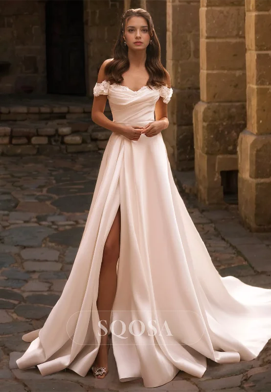 Pleated Sweetheart Off-Shoulder A-Line Bride Gowns Sleeveless Floral Embellished Slit with Train Wedding Dress Satin Lace Gown