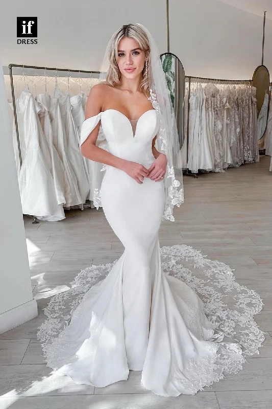 71056 - Timeless Off Shoulder Lace Appliques  Mermaid Beach Wedding Dress Short Wedding Gown