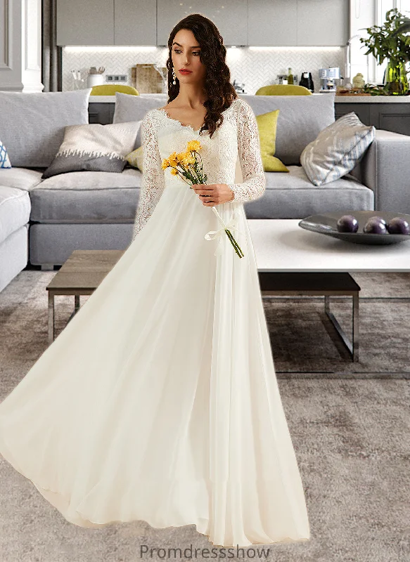 Emmy A-Line V-neck Sweep Train Wedding Dress With Lace STKP0013696 Chic Wedding Gown