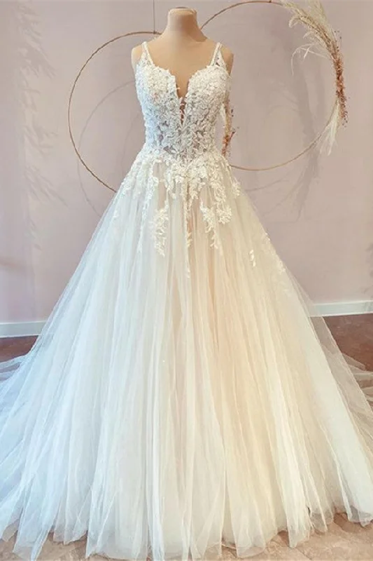 Long Princess Wedding Dress Sweetheart Lace With Tulle Appliques Lace A-line Dress