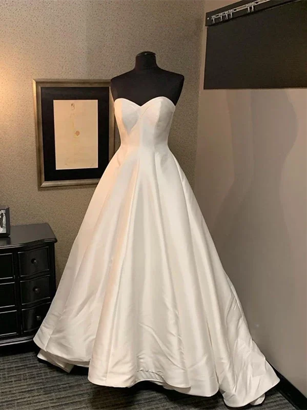 Sweetheart Long A-line Ivory Satin Wedding Dresses, Old Fashion Bridal Gown, Elegant Wedding Dresses Soft Wedding Gown