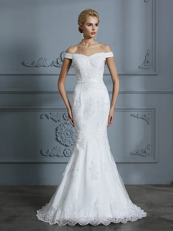 Trumpet/Mermaid Off-the-Shoulder Sleeveless Lace Sweep/Brush Train Tulle Wedding Dresses TPP0006423 Beautiful Lace Gown