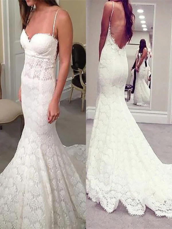 Trumpet/Mermaid Spaghetti Straps Court Train Lace Sleeveless Wedding Dresses TPP0006466 Silk Bridal Dress