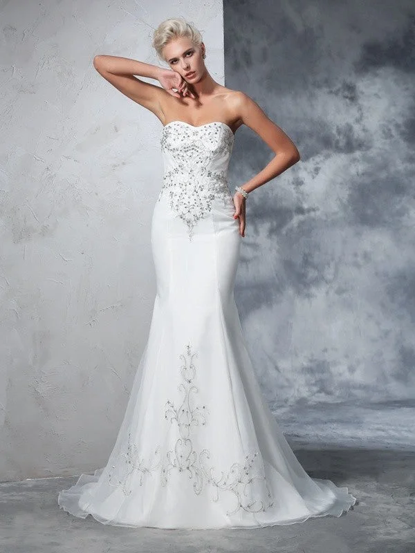 Trumpet/Mermaid Sweetheart Beading Sleeveless Long Satin Wedding Dresses TPP0006464 Strapless Lace Dress