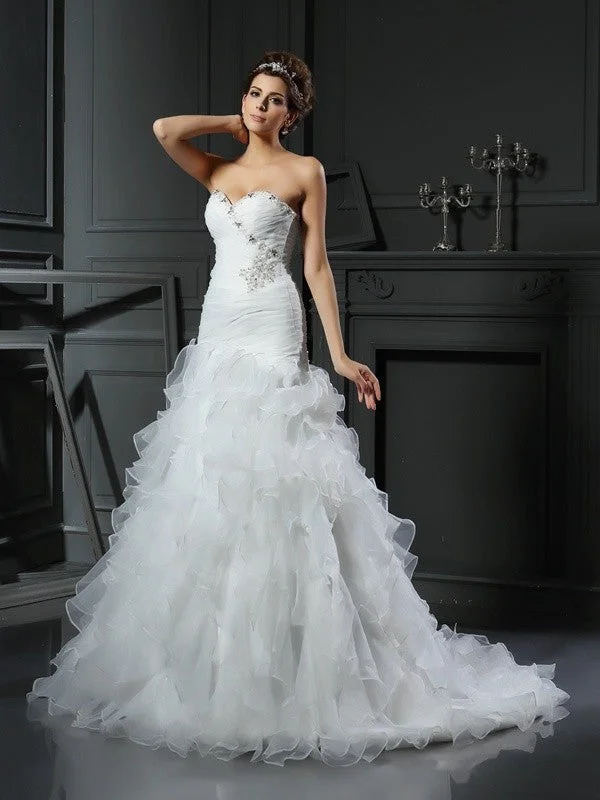 Trumpet/Mermaid Sweetheart Ruffles Sleeveless Long Organza Wedding Dresses TPP0006476 Classic Bridal Gown