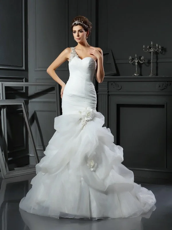 Trumpet/Mermaid Sweetheart Ruffles Sleeveless Long Satin Wedding Dresses TPP0006435 Romantic Satin Dress