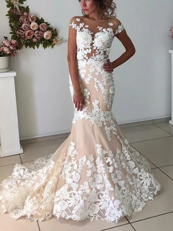 Trumpet/Mermaid Tulle Applique Bateau Short Sleeves Sweep/Brush Train Wedding Dresses TPP0006461 Sexy Lace Gown