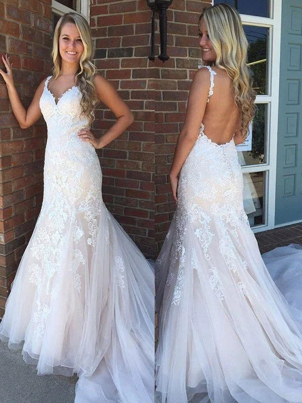 Trumpet/Mermaid V-neck Sleeveless Sweep/Brush Train Applique Tulle Wedding Dresses TPP0006434 Ball Gown Wedding