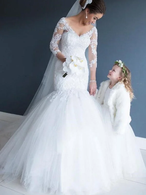 Trumpet/Mermaid V-neck Tulle Lace 3/4 Sleeves Court Train Wedding Dresses TPP0006444 Sleeveless Wedding Dress