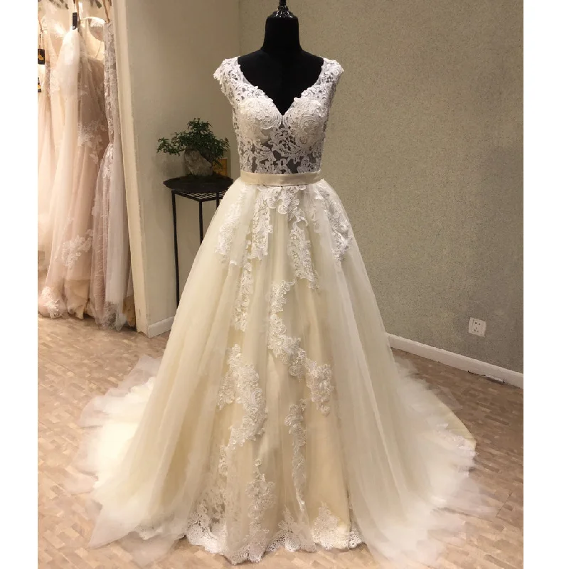 Tulle Applique V Back Formal A Line Long Wedding Dress for Brides, WG1205 Full Length Gown