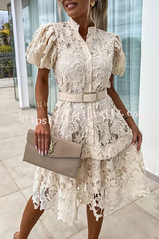 Absolutely Elegant Floral Crochet Lace Puff Sleeve Belted Shirt Midi Dress Luxury midi dresses