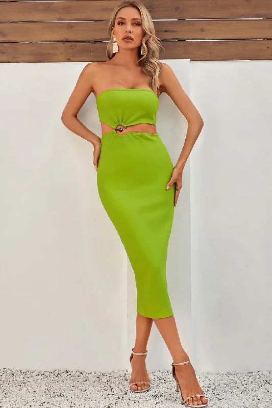 Chic Strapless Notch O Ring Cutout Waist Bodycon Bandage Party Midi Dress - Green Satin midi dresses