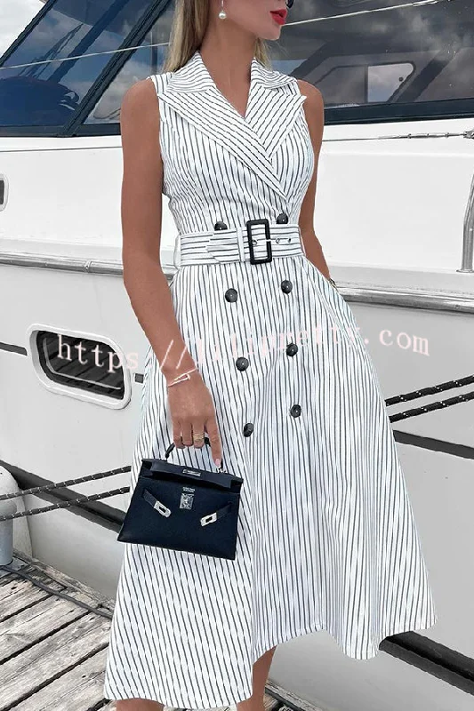 Fashion Casual Striped Button Belt Midi Dress Anniversary midi dresses