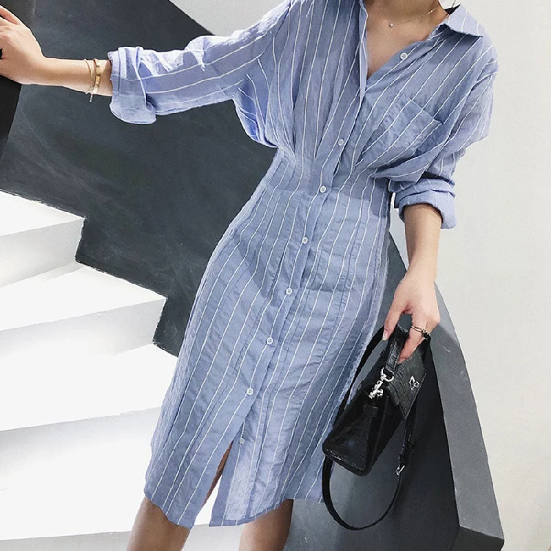 Fashion Striped Midi Dress Women Casual Turn-Down Pockets Slim Shirt Dress Robe Femme Vintage Long Sleeve Simple Dress Vestidos Best midi dresses for petites