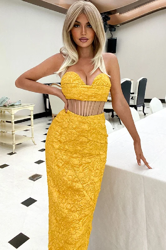 Glamorous Floral Jacquard Strapless Corset Cocktail Midi Dress - Yellow Formal midi dresses