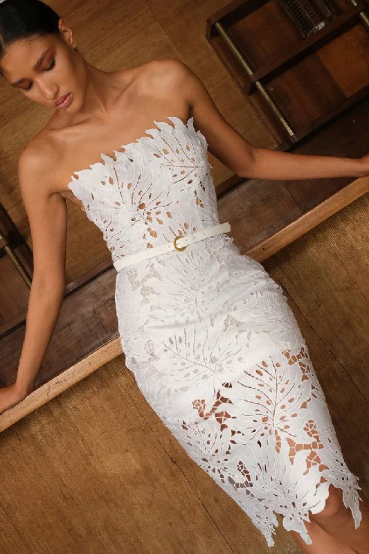 Glamorous Leaf Laser Cut Strapless Bandage Cocktail Midi Dress - White Y2K midi dresses